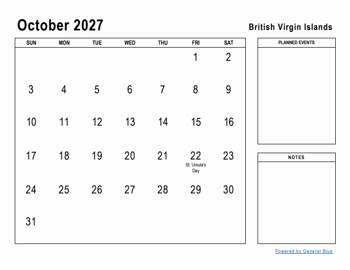 October 2027 Printable Monthly Calendar with British Virgin Islands Holidays