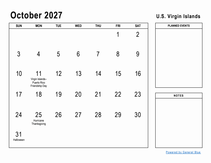 October 2027 Printable Monthly Calendar with U.S. Virgin Islands Holidays