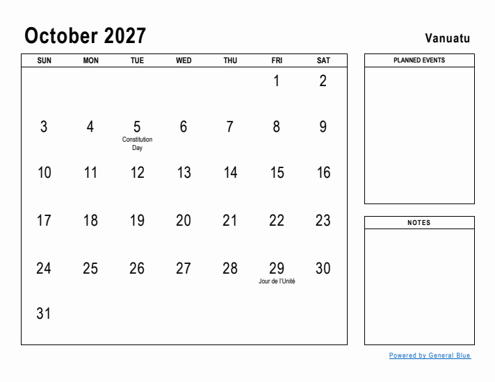 October 2027 Printable Monthly Calendar with Vanuatu Holidays