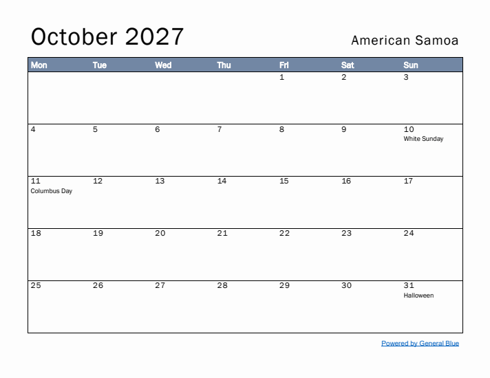 October 2027 Simple Monthly Calendar for American Samoa