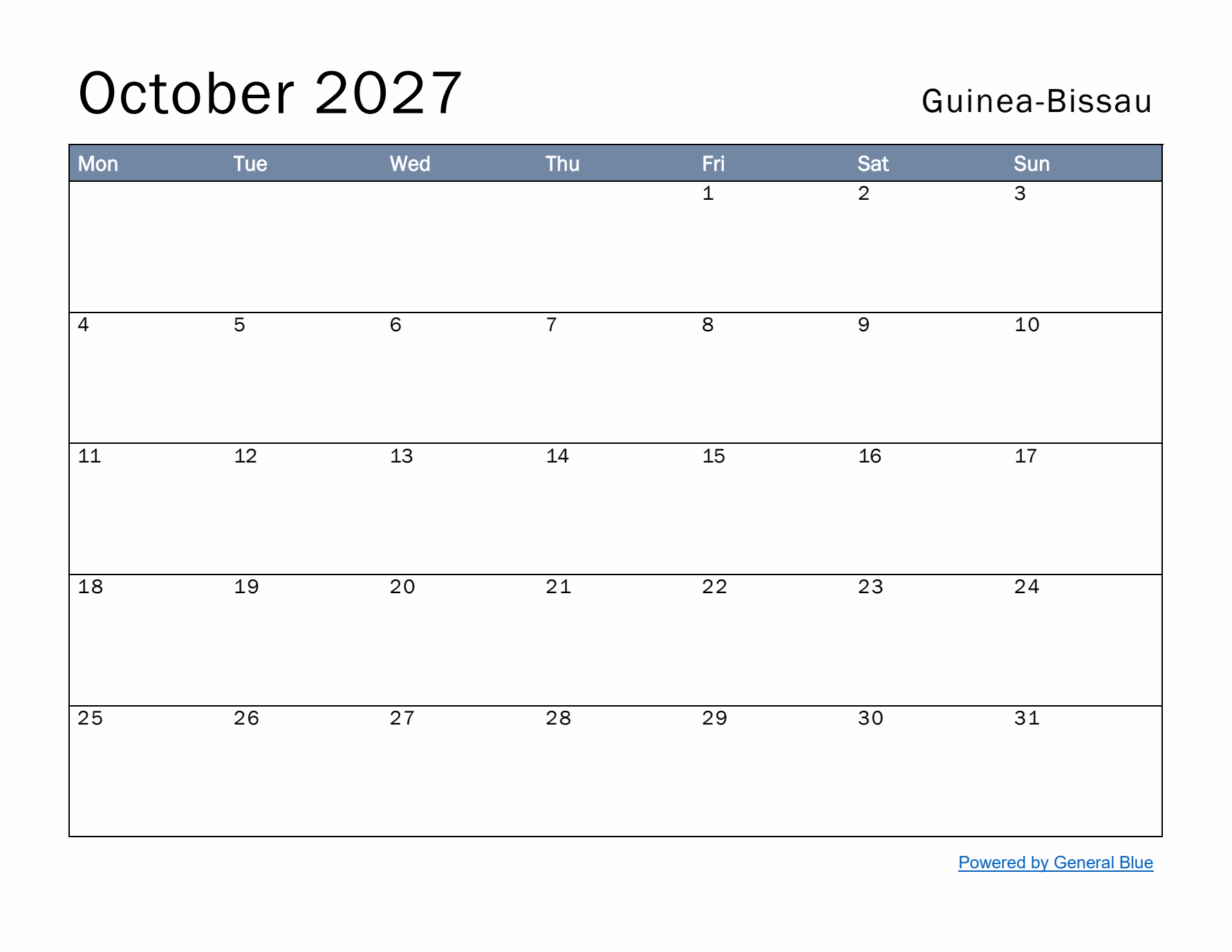 October 2027 Simple Monthly Calendar for Guinea-Bissau