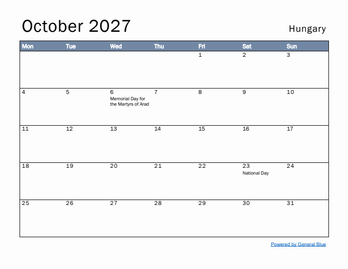 October 2027 Simple Monthly Calendar for Hungary