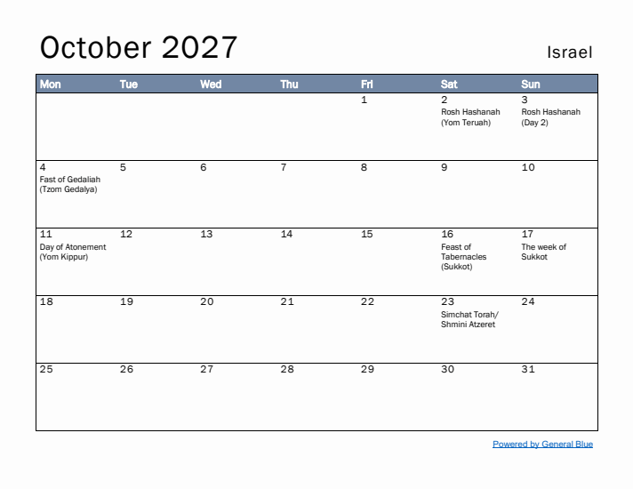 October 2027 Simple Monthly Calendar for Israel