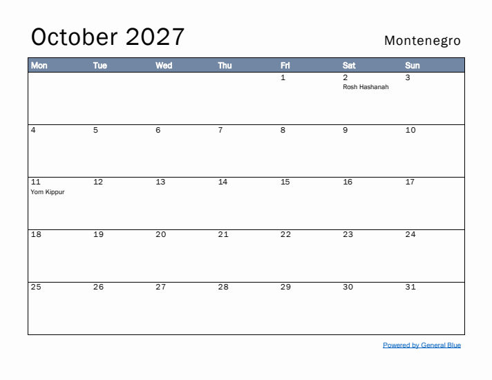 October 2027 Simple Monthly Calendar for Montenegro