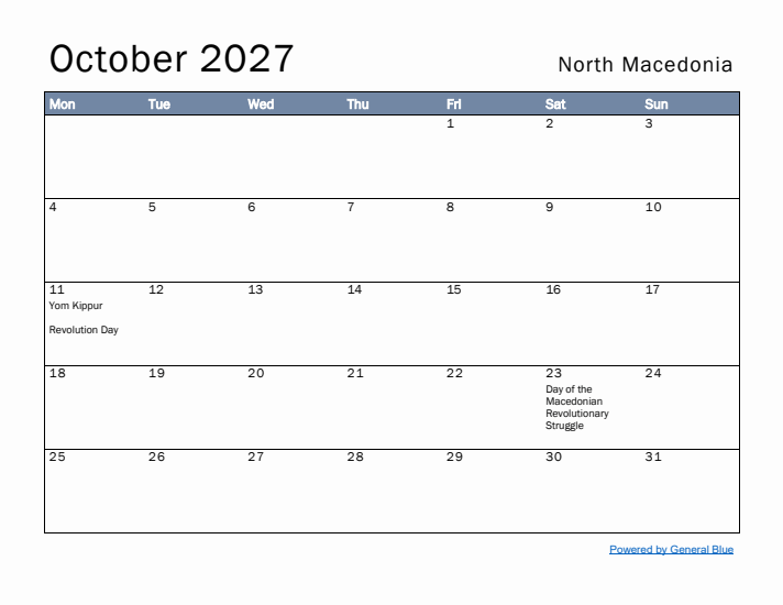 October 2027 Simple Monthly Calendar for North Macedonia