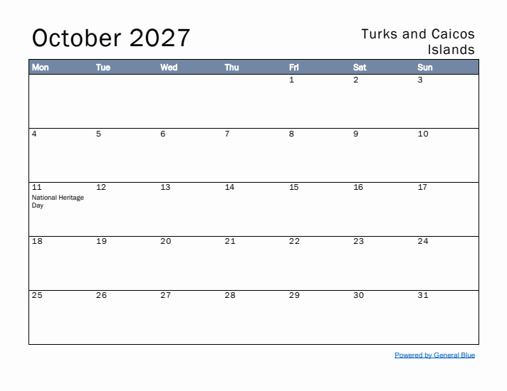 October 2027 Simple Monthly Calendar for Turks and Caicos Islands