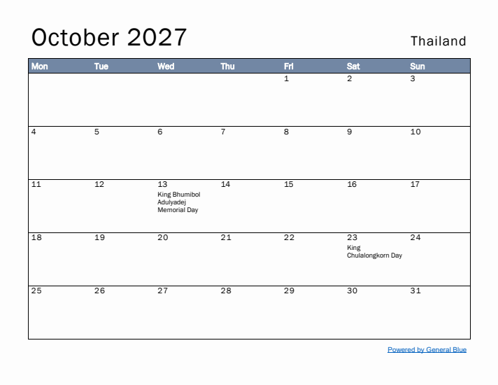 October 2027 Simple Monthly Calendar for Thailand