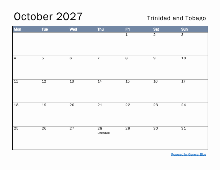 October 2027 Simple Monthly Calendar for Trinidad and Tobago