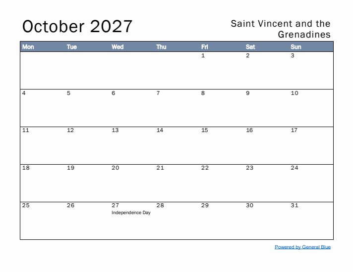 October 2027 Simple Monthly Calendar for Saint Vincent and the Grenadines