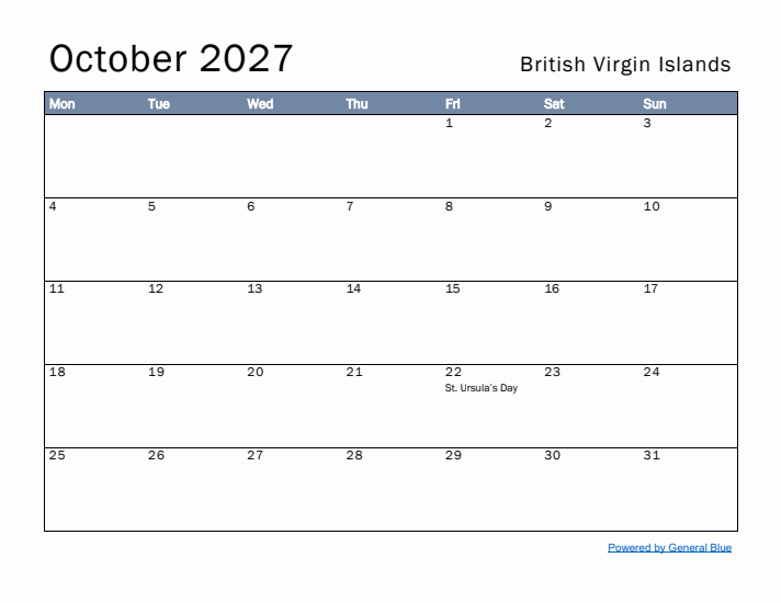 October 2027 Simple Monthly Calendar for British Virgin Islands