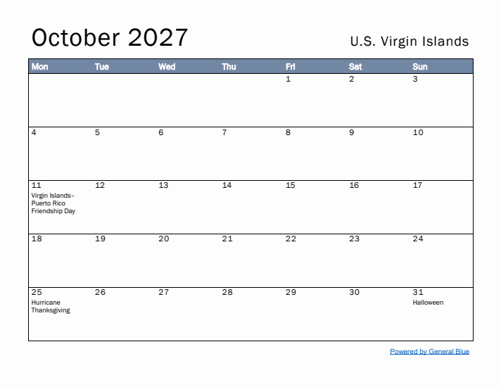 October 2027 Simple Monthly Calendar for U.S. Virgin Islands