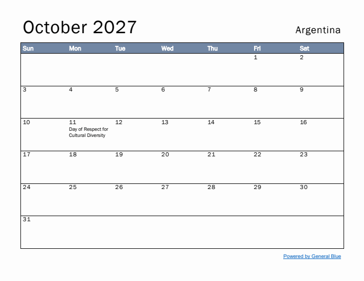 October 2027 Simple Monthly Calendar for Argentina