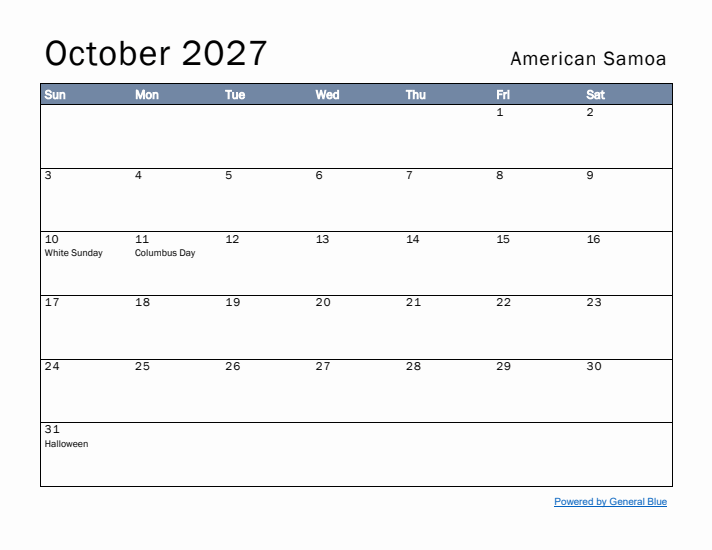 October 2027 Simple Monthly Calendar for American Samoa