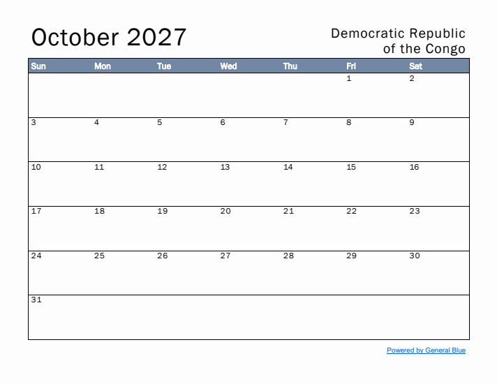October 2027 Simple Monthly Calendar for Democratic Republic of the Congo