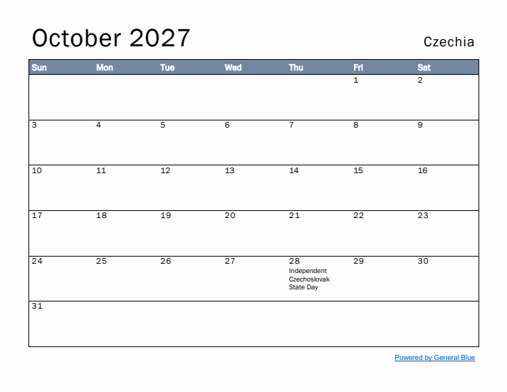 October 2027 Simple Monthly Calendar for Czechia