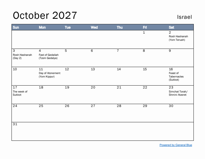 October 2027 Simple Monthly Calendar for Israel