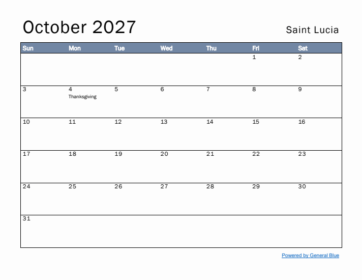 October 2027 Simple Monthly Calendar for Saint Lucia