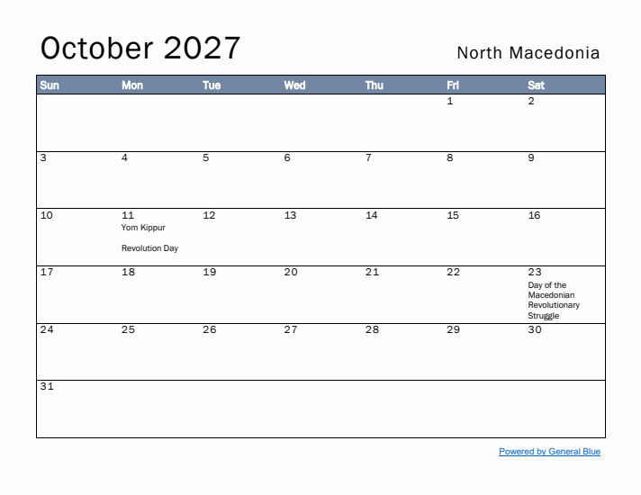 October 2027 Simple Monthly Calendar for North Macedonia