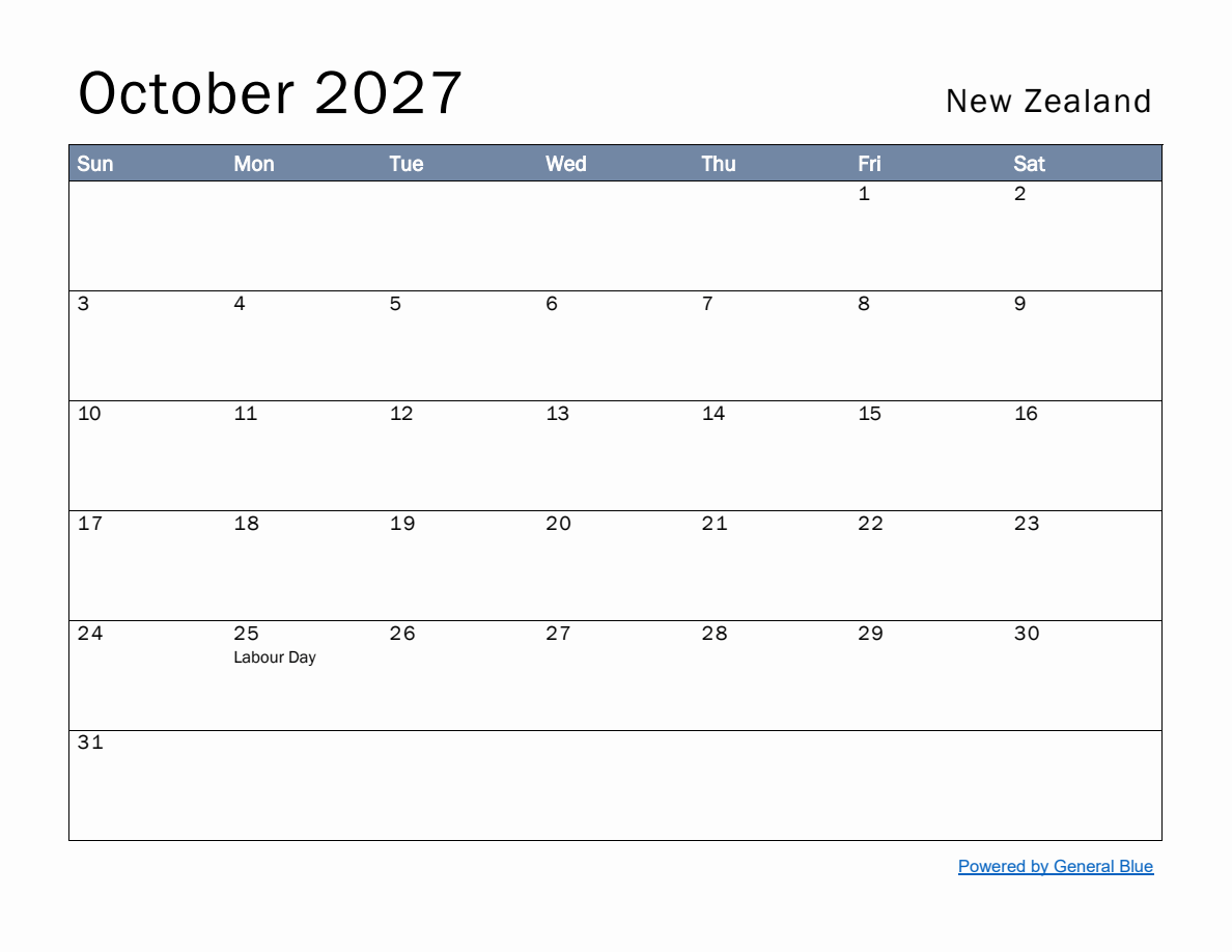 Free Monthly Calendar Template for October 2027 with New Zealand Holidays