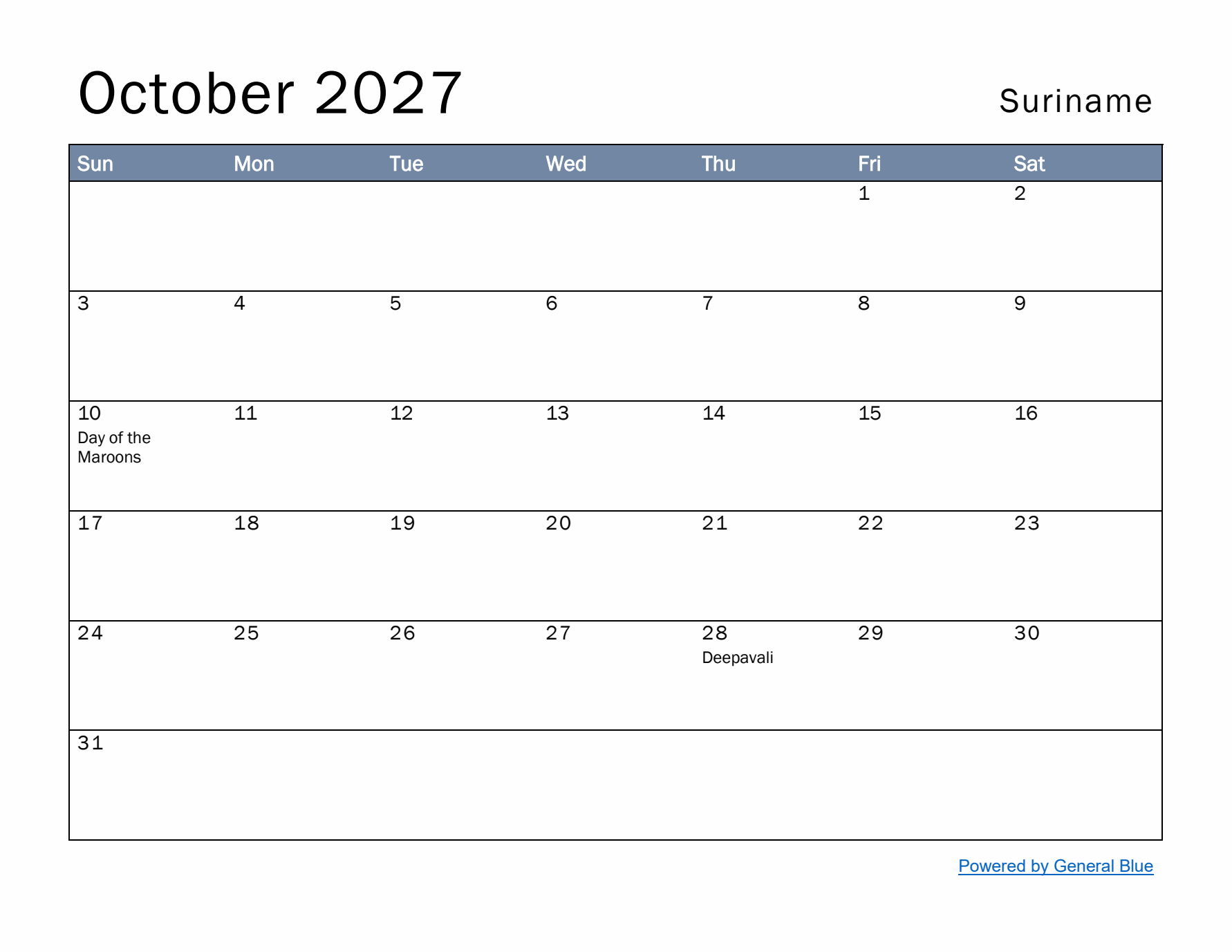 October 2027 Simple Monthly Calendar for Suriname