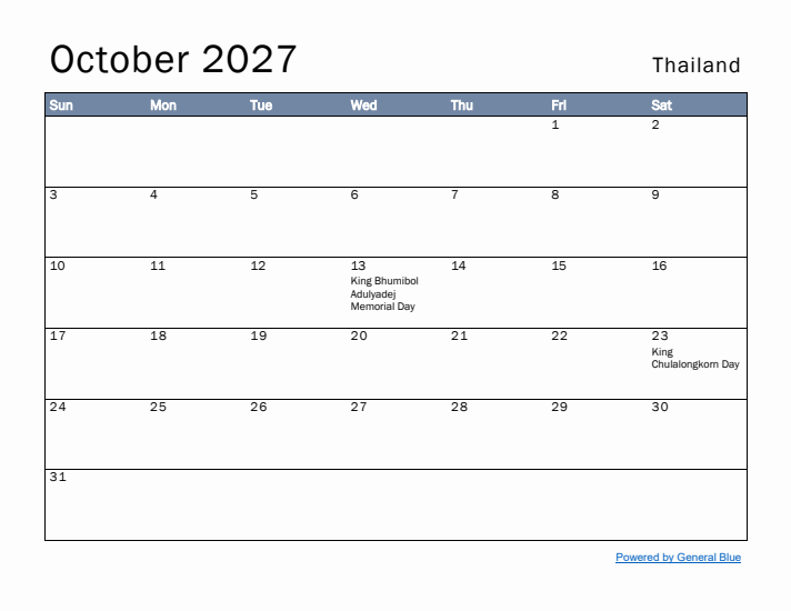 October 2027 Simple Monthly Calendar for Thailand