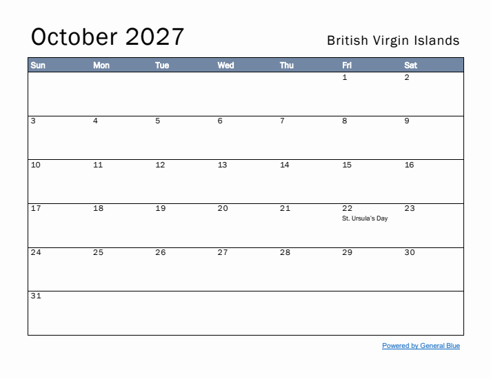 October 2027 Simple Monthly Calendar for British Virgin Islands