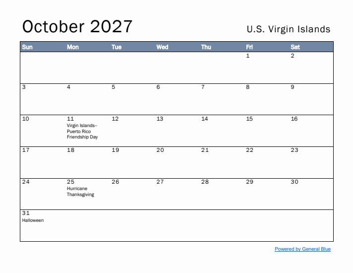 October 2027 Simple Monthly Calendar for U.S. Virgin Islands
