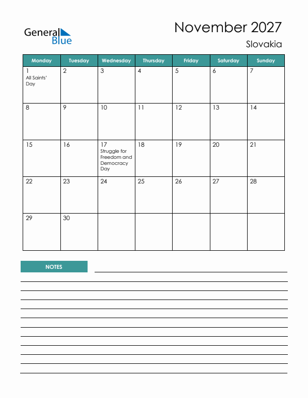 Calendar with Notes Printable - Monday Start