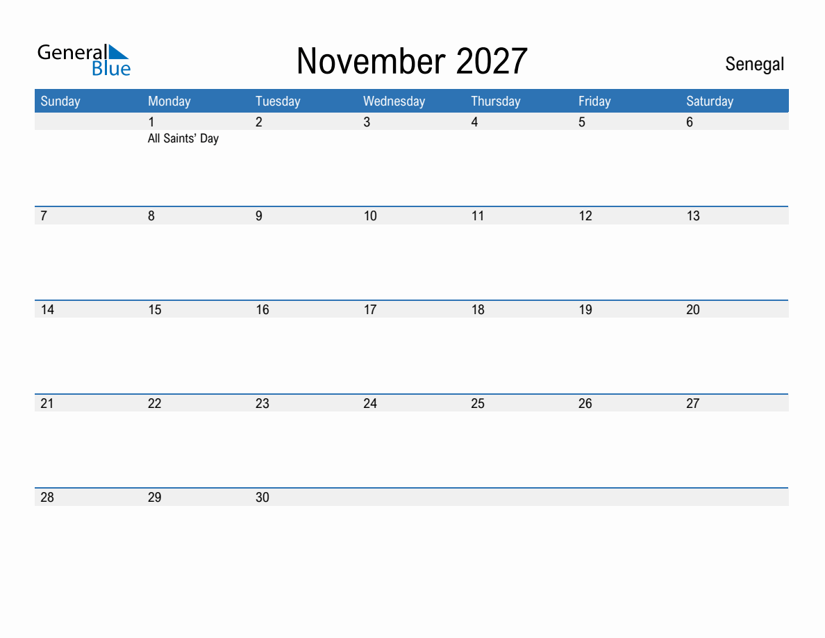November 2027 Monthly Calendars with Senegal Holidays