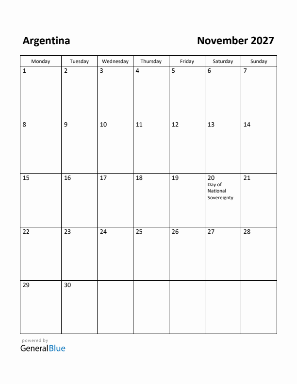 November 2027 Calendar with Argentina Holidays