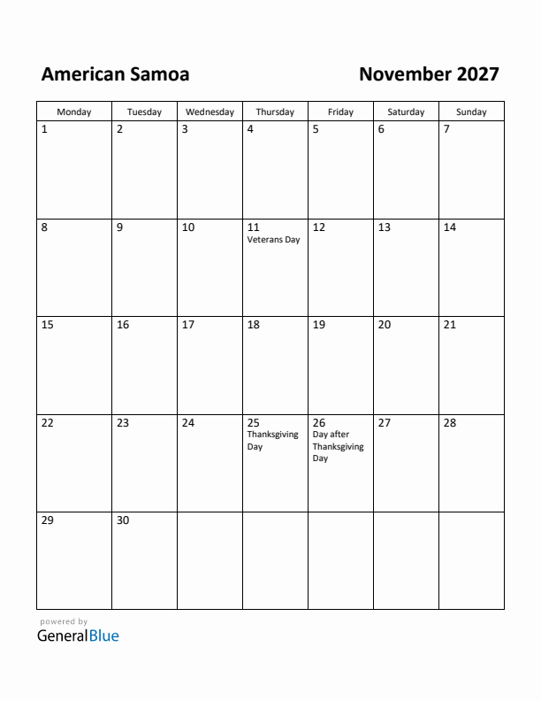 November 2027 Calendar with American Samoa Holidays