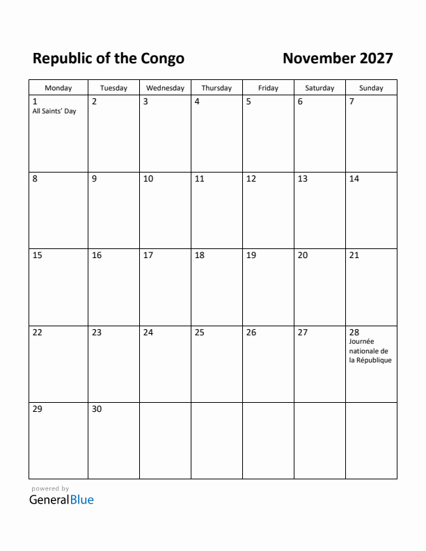 November 2027 Calendar with Republic of the Congo Holidays