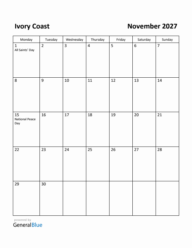 November 2027 Calendar with Ivory Coast Holidays