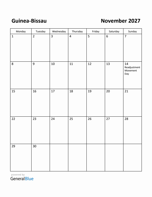 November 2027 Calendar with Guinea-Bissau Holidays