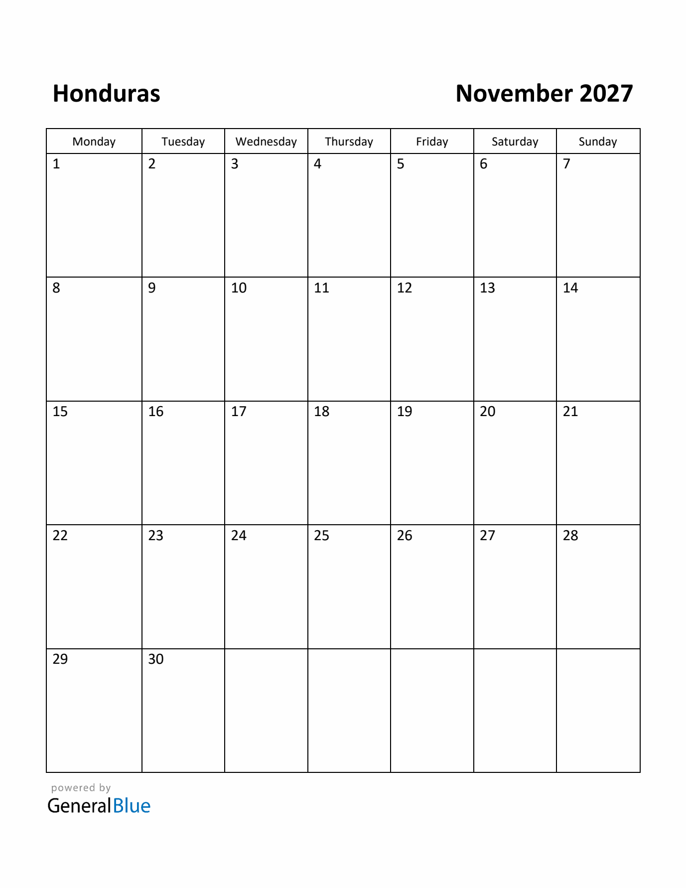 November 2027 Calendar with Honduras Holidays