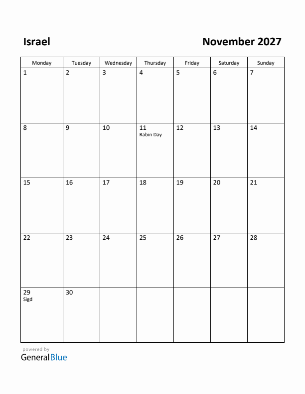 November 2027 Calendar with Israel Holidays