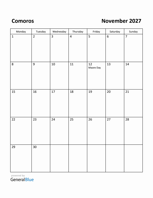 November 2027 Calendar with Comoros Holidays