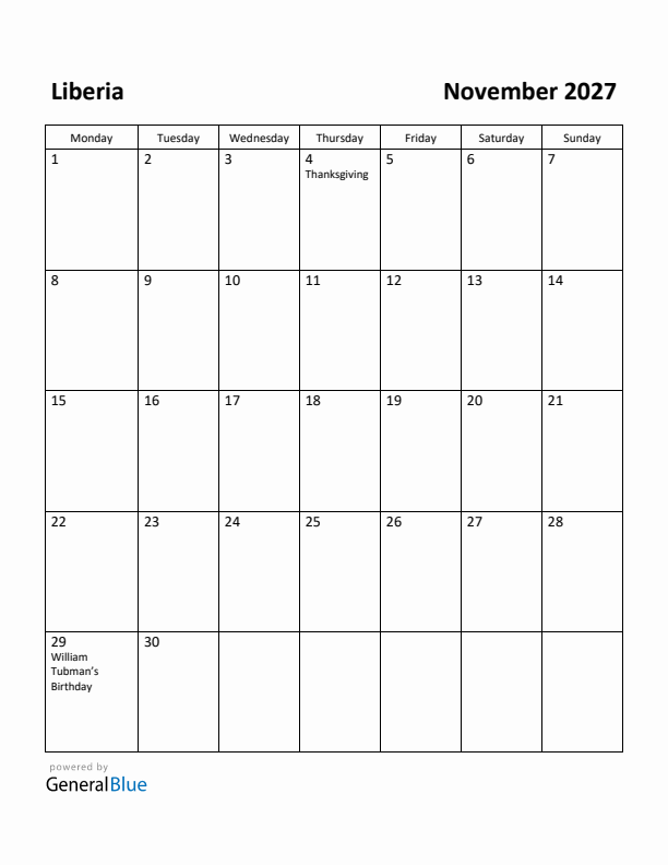 November 2027 Calendar with Liberia Holidays