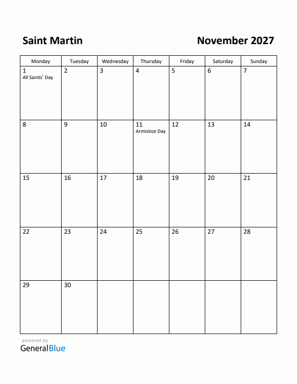 November 2027 Calendar with Saint Martin Holidays
