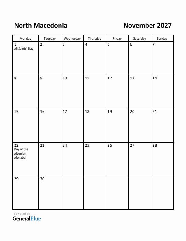 November 2027 Calendar with North Macedonia Holidays