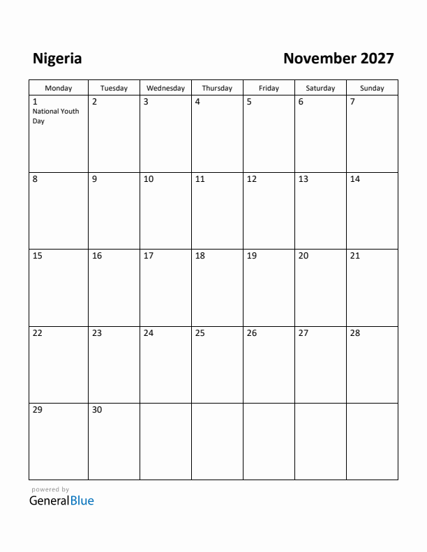 November 2027 Calendar with Nigeria Holidays
