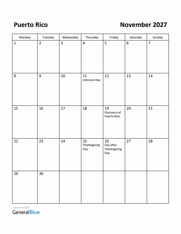 November 2027 Calendar with Puerto Rico Holidays