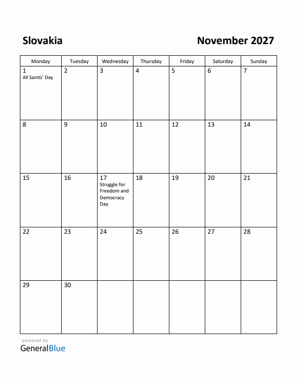 November 2027 Calendar with Slovakia Holidays