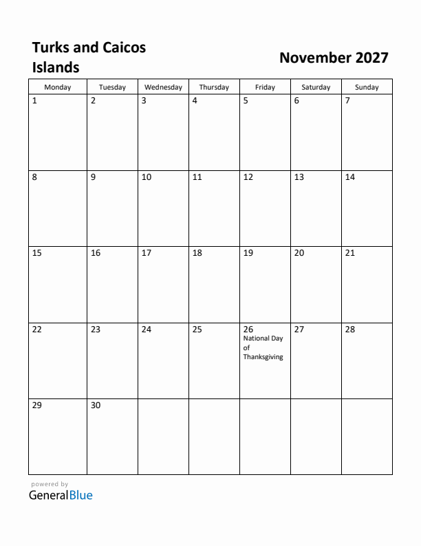 November 2027 Calendar with Turks and Caicos Islands Holidays