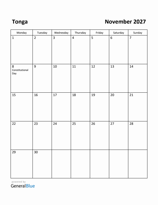 November 2027 Calendar with Tonga Holidays