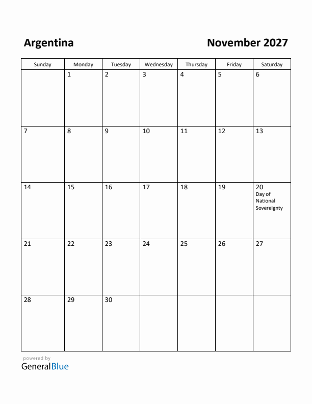 November 2027 Calendar with Argentina Holidays