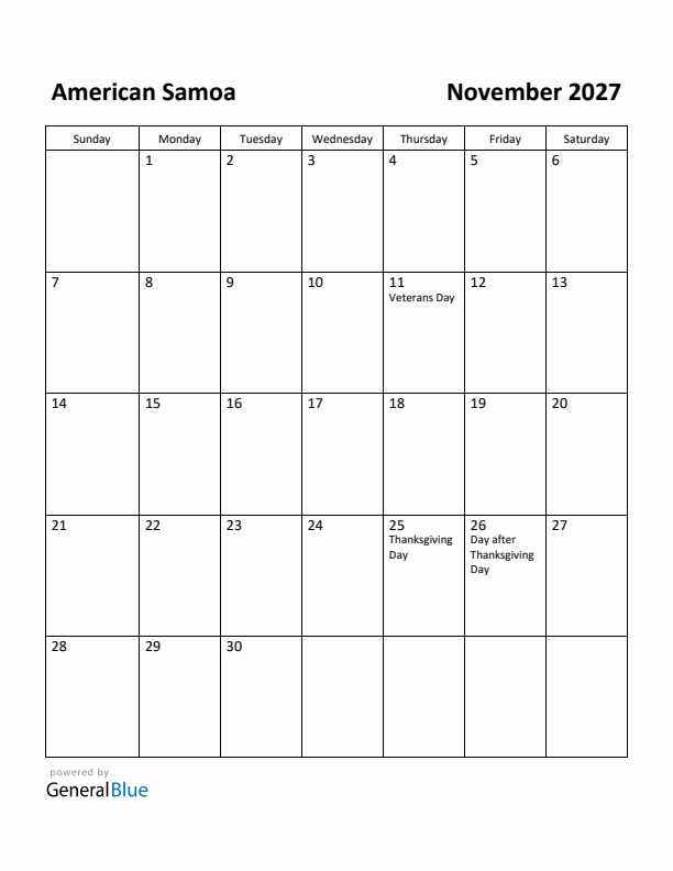 November 2027 Calendar with American Samoa Holidays