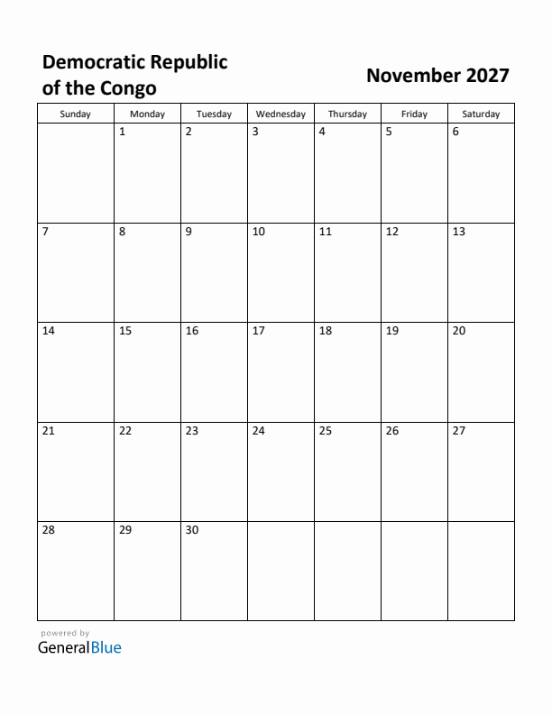 November 2027 Calendar with Democratic Republic of the Congo Holidays
