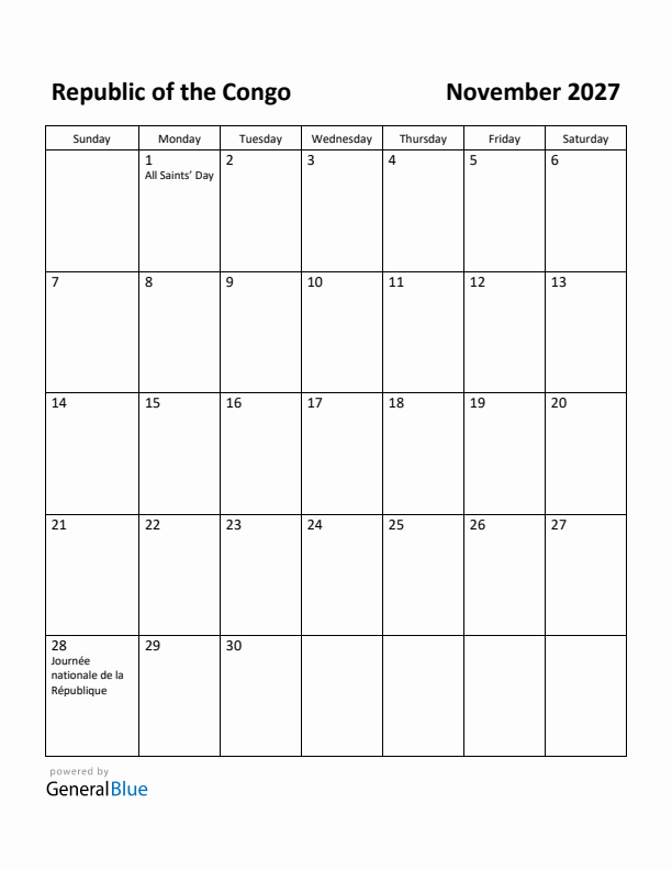 November 2027 Calendar with Republic of the Congo Holidays
