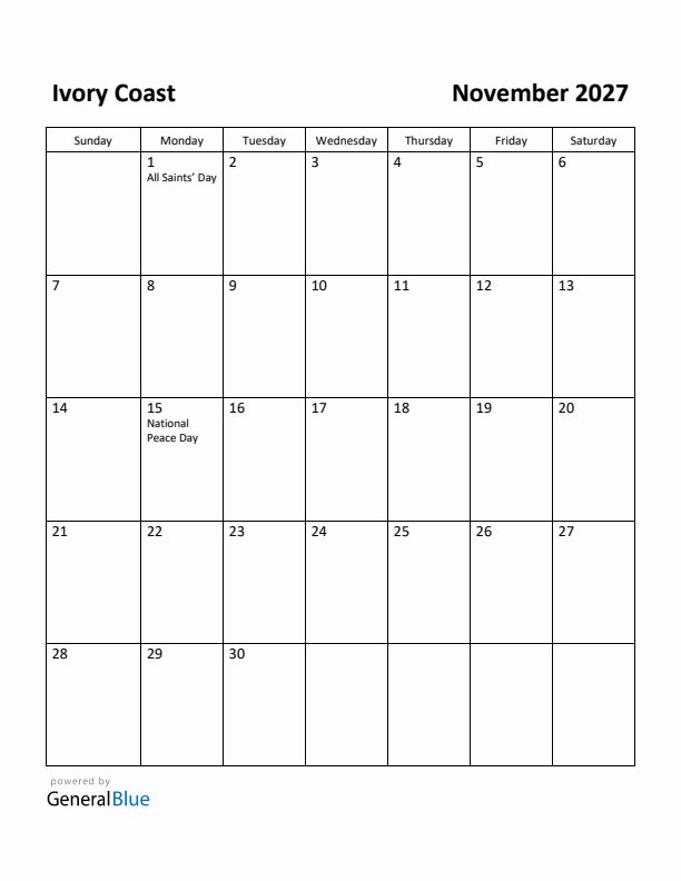 November 2027 Calendar with Ivory Coast Holidays